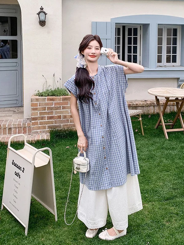 

plus Size Women's Korean Sle Plaid irt Dr And Wide Leg Pants Set Summer High Waist Cardigan Outerwear Faion Ensemble