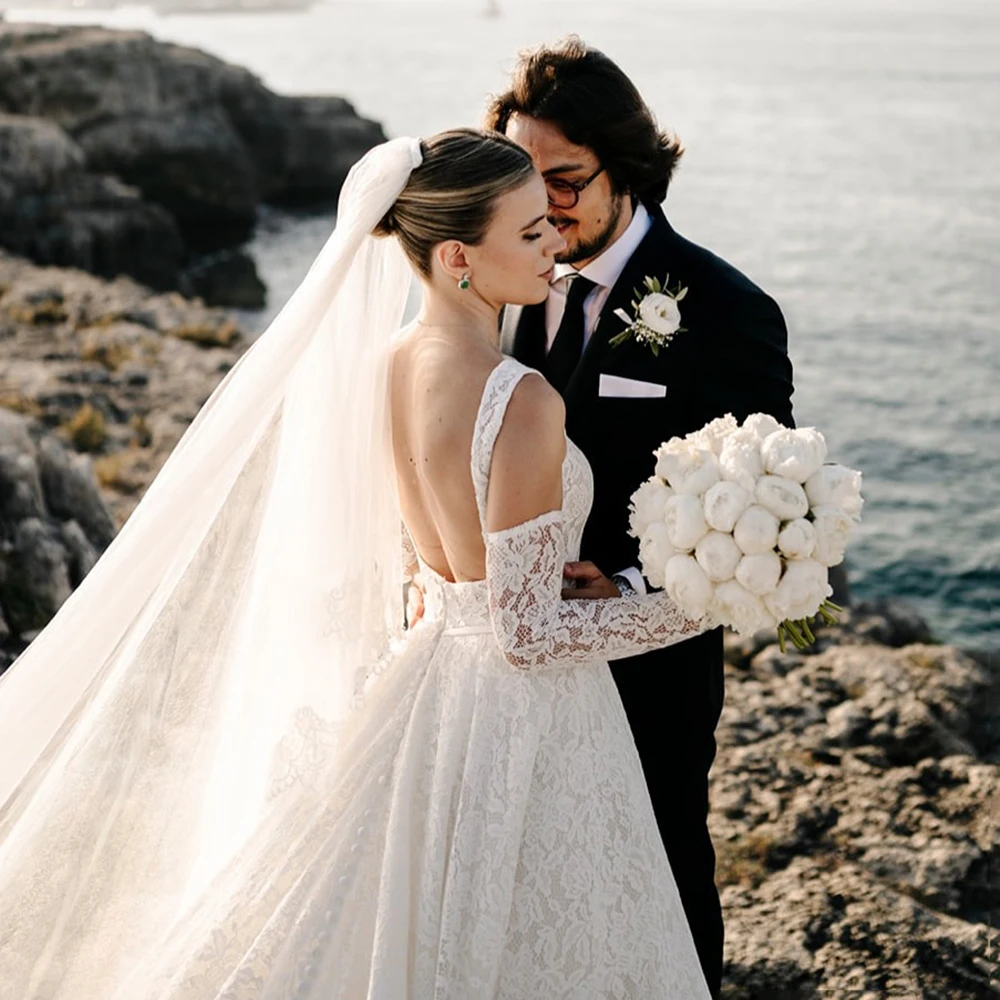Square Neck Elegant Lace Wedding Dress Separate Long Sleeves Plus Size Customized Modern Boned Classic Backless Bridal Gowns