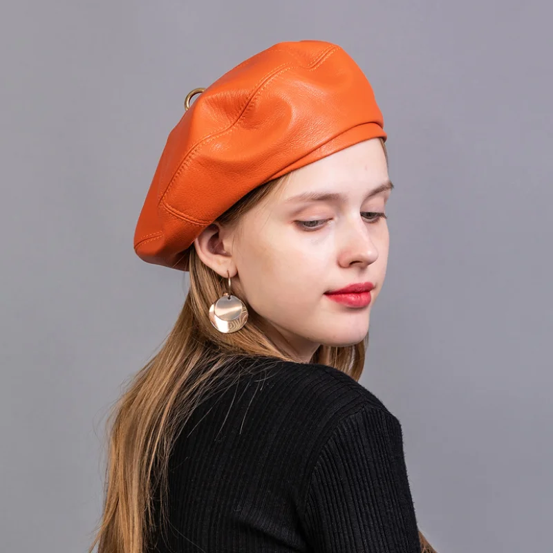 Spring/Winter 100% Real Leather Beret Hat Women Fashion European Pumpkin Painter Caps Female Rainbow Color White/Red Thin Boina