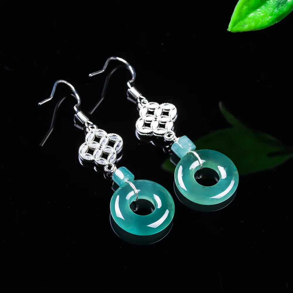 

Серьги-обереги из серебра S925 с натуральным голубым нефритом, в форме пончика, с узлом Пин Ань, резные, из жадеита, модные украшения, подарки для женщин