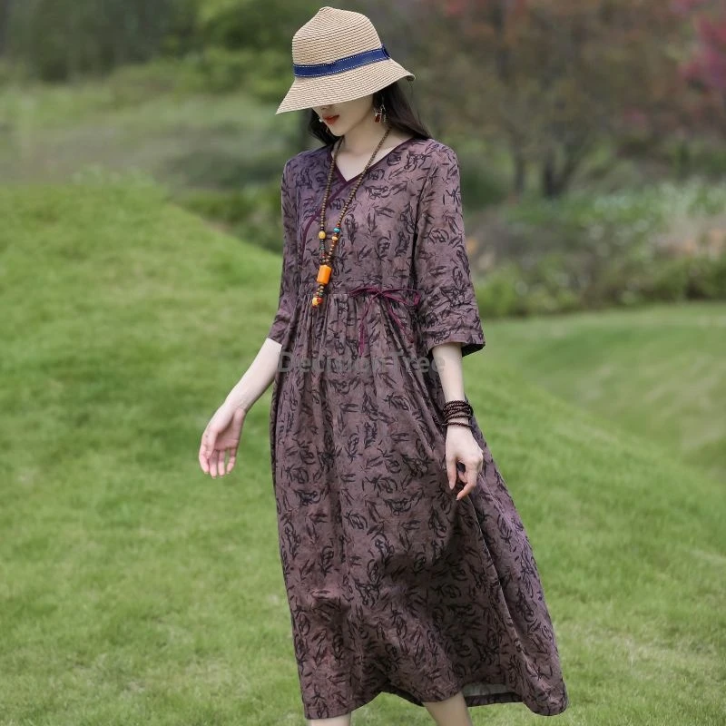 Elegant Chinese Style Floral V-neck Qipao Drawstring Waist Five-Sleeve Long Cotton-Linen Women's Dress Summer Holiday Cheongsam