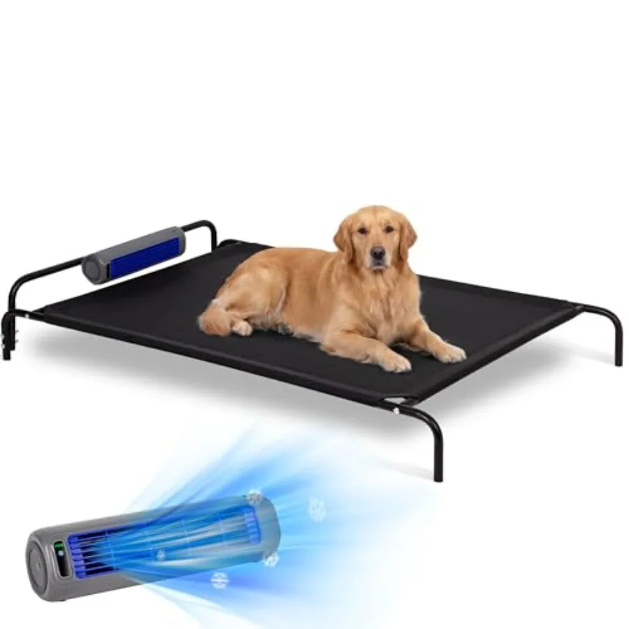 

Elevated Outdoor Dog Bed with Fan - Cooling Dog Bed for Dogs Waterproof Cot Easy to Assemble 3 Wind Speed Raised Dog Bed with W