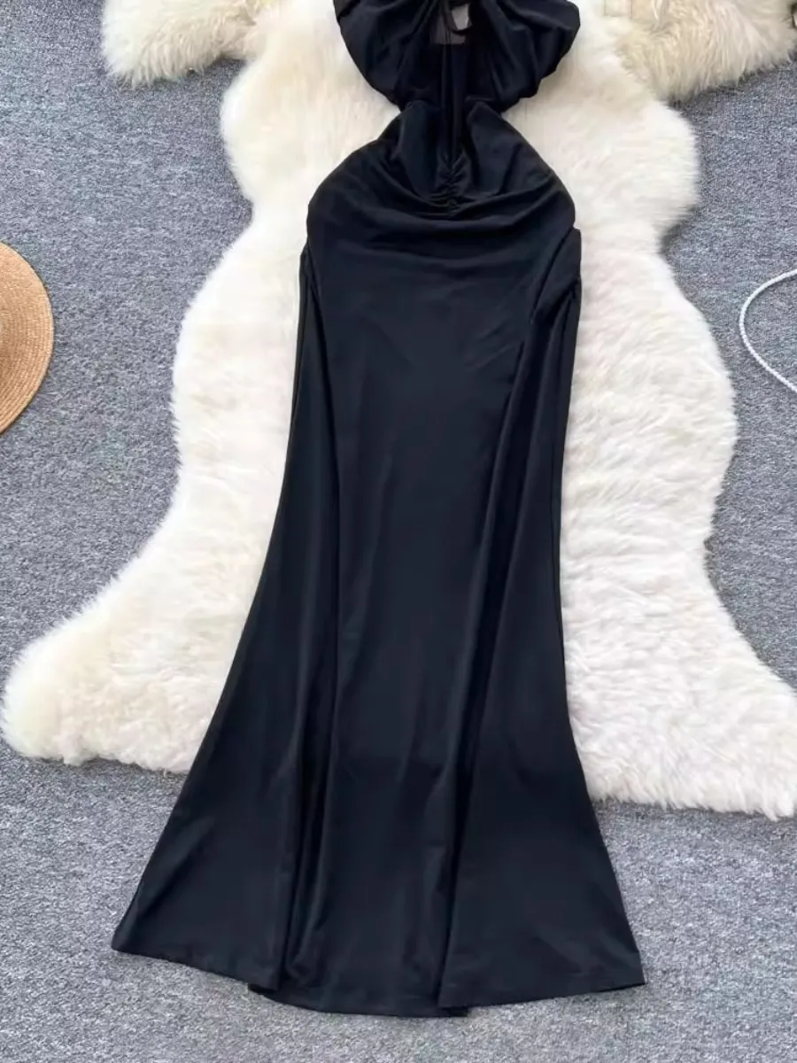 Foamlina Seksowna Sukienka Maxi z Wycięciami, Wiązana na Szyi, Długa, Damska, Europejski Styl, Siateczkowe Wstawki, Dopasowana, Podkreślająca Figurę, Elegancka, Bez Pleców