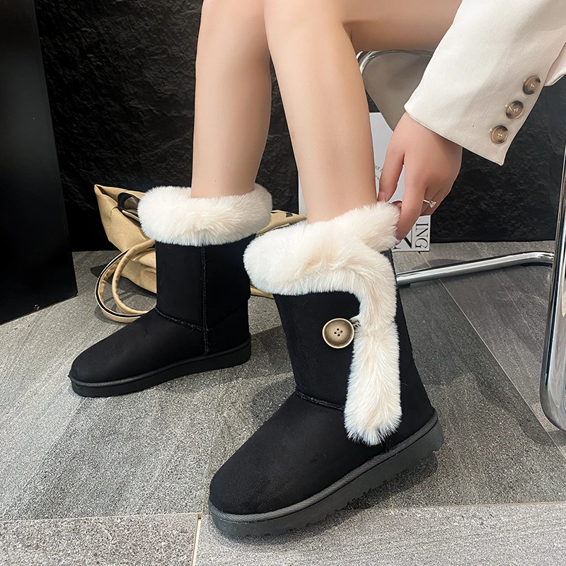 Women's snow boots with integrated fur, new winter style, fleece-lined and thickened for warmth, mid-calf flat boots