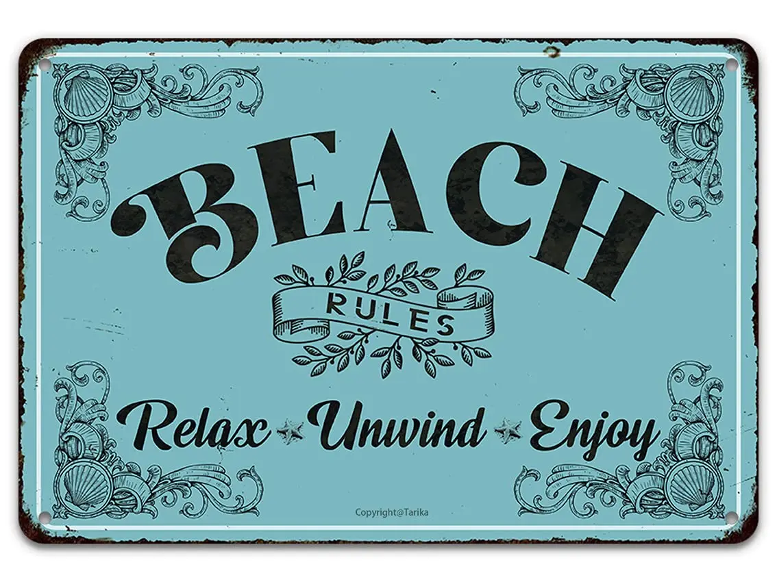 Beach Rules Relax Unwind Enjoy Vintage Tin Sign Wall Decor, Metal Poster Art Painting Plaque 8X12 Inch, Retro Aluminum Decoratio