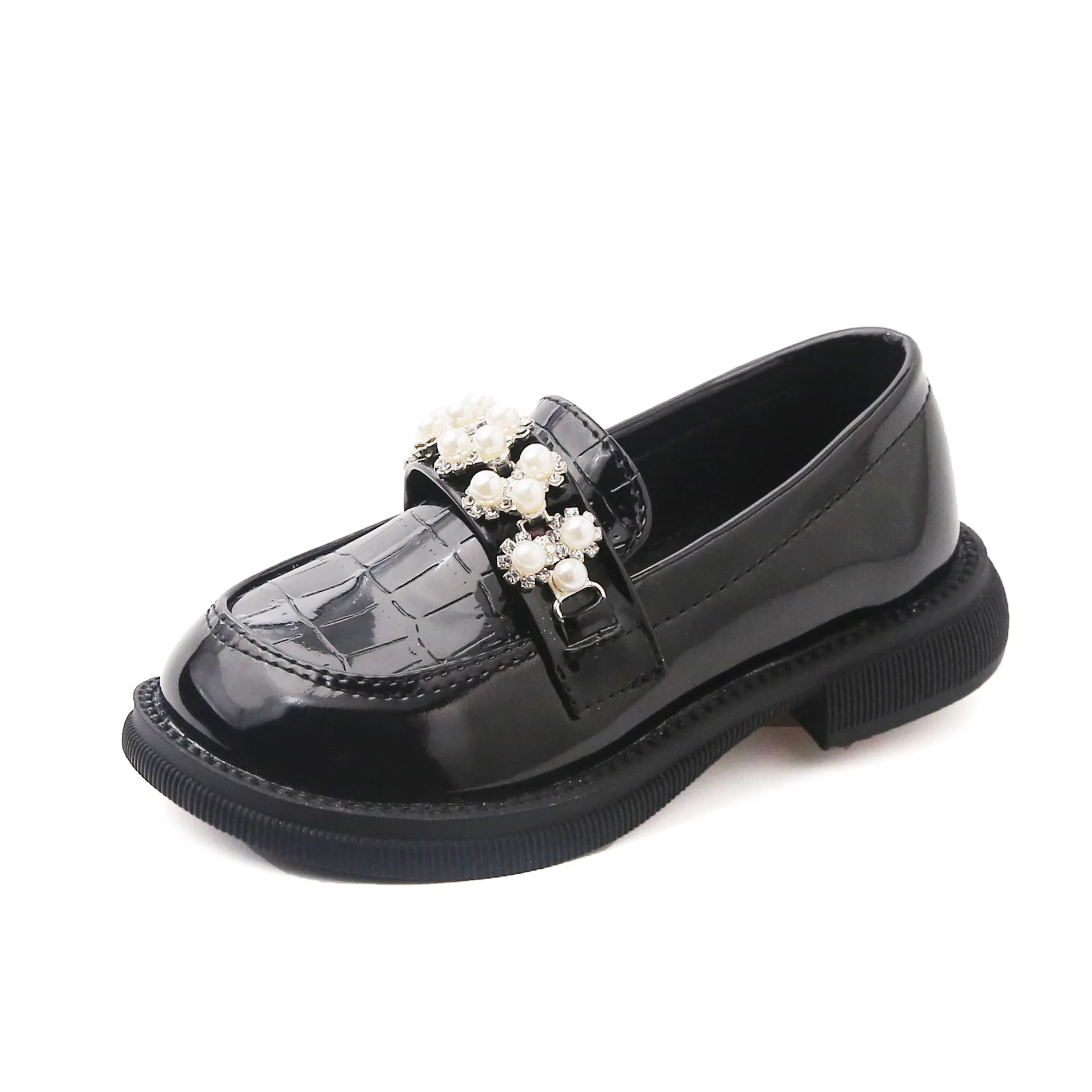 2022 Spring & Autumn New Kids Leather Shoes Korean Style Fashion Girls Pearls Casual Princess Soft Loafers Simple Children Black