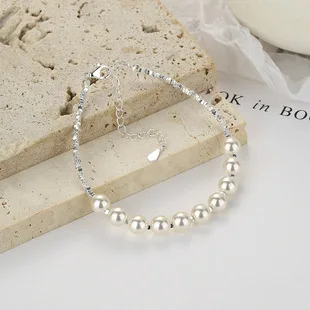 S925 Silver Double Layer Bracelet Crushed Silver Beads Pearl Minimalist Elegant Women Wrist Jewelry