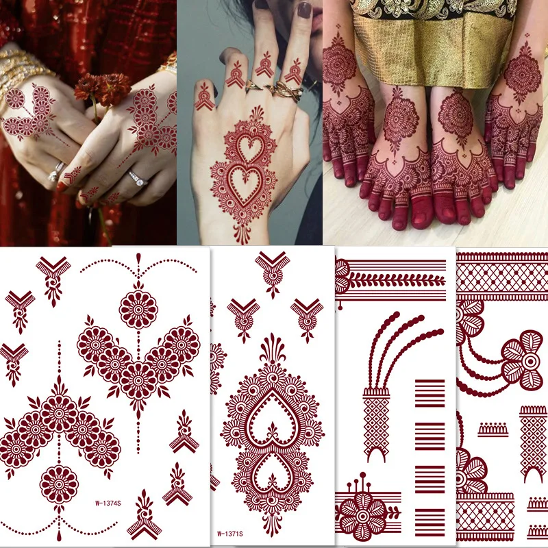 وشم مؤقت باللون الأحمر والبني وشم الحناء للنساء وشم الحناء من الدانتيل أنيق للحفلات والمهرجانات