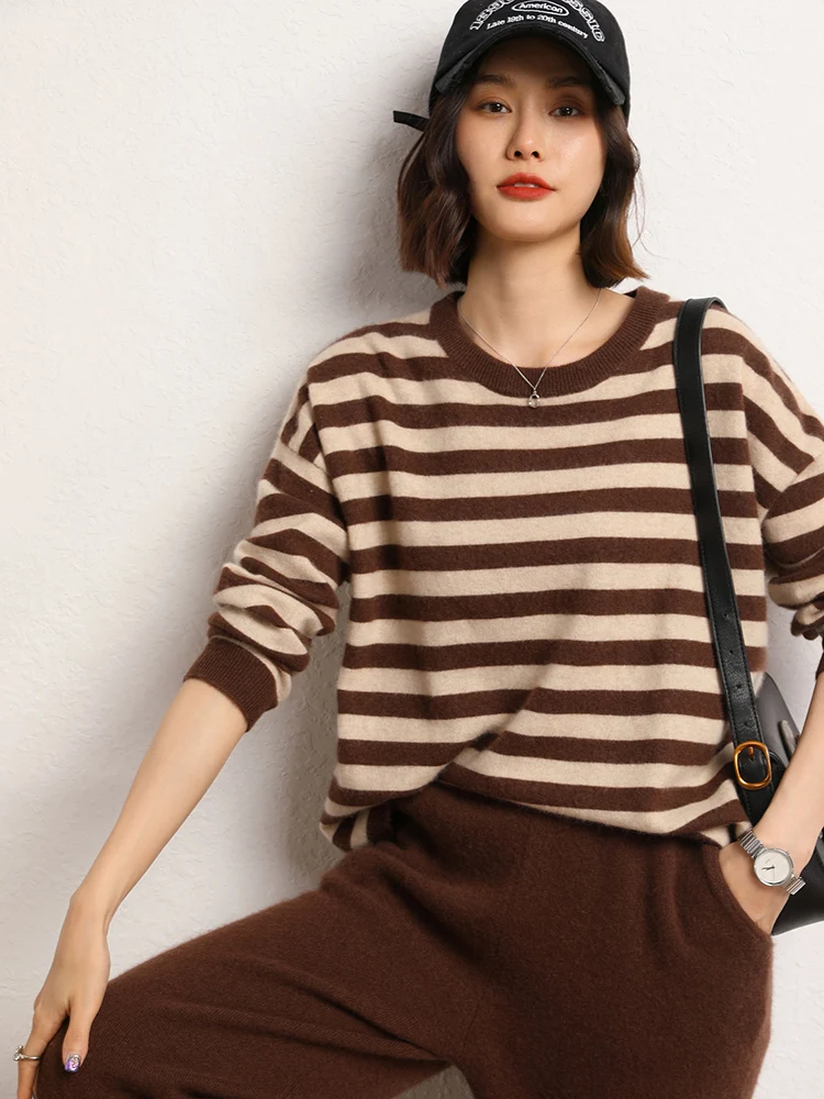 

MEETCC Women 100% Cashmere Striped Pullover Sweater Long Sleeve O Neck Loose Knitwear Autumn Winter Comfortable Casual Tops