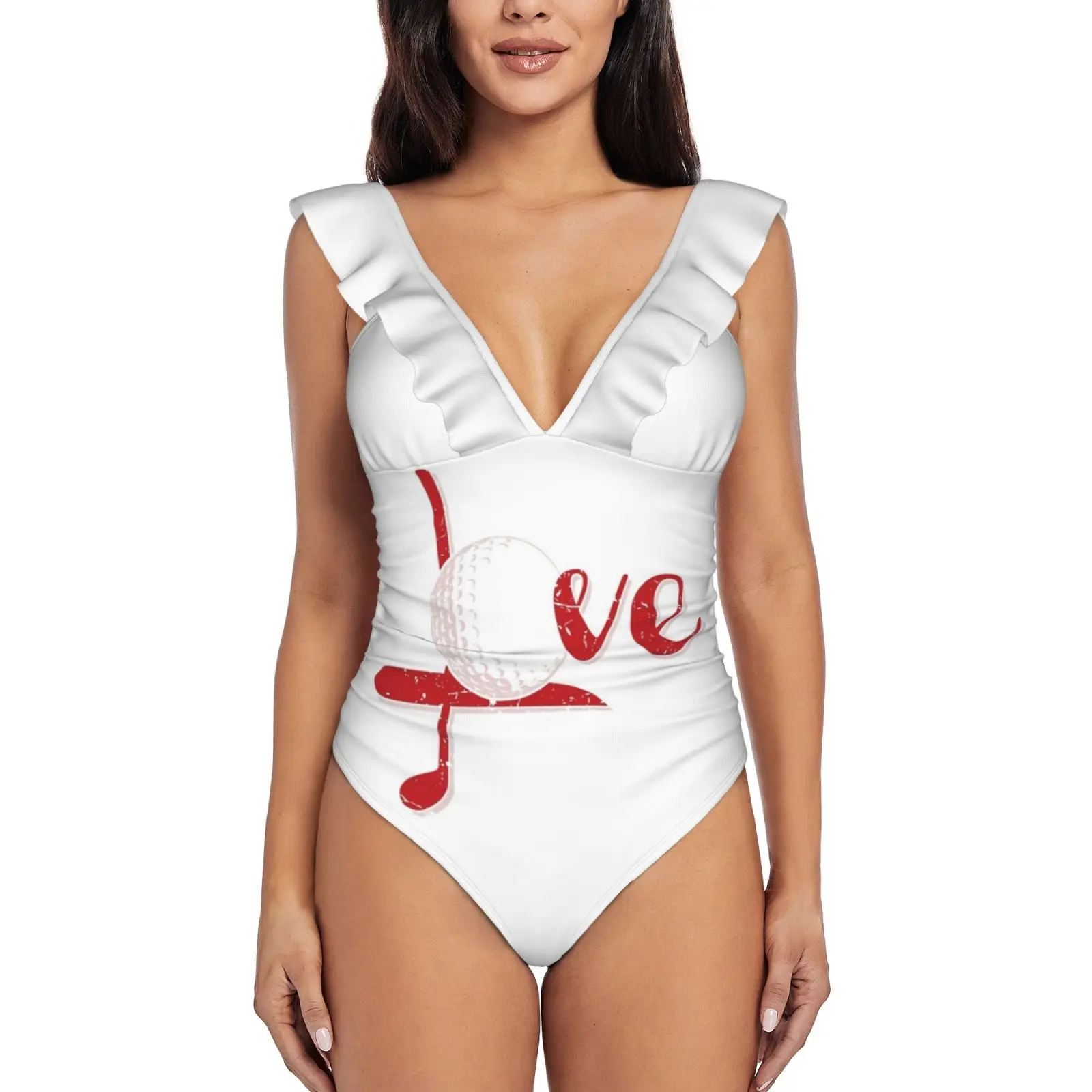 

Love Golf Sport One-Piece Swimsuit Women Ruffle Bathing Suits New Girl Beach Swimwear Golf Sports Golf Course Bat Driver Putter