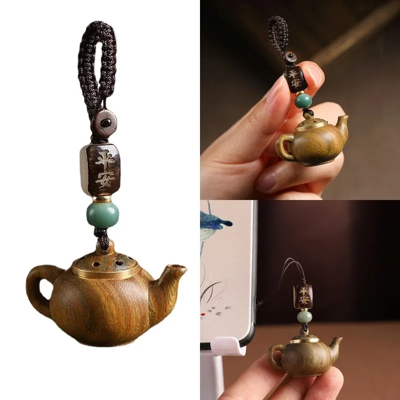 Fashion Cartoon Mini Little Teapot Keychain Waterproof Openable Carved Teapot Pendant Sachet Woven Rope Beads Phone Chain