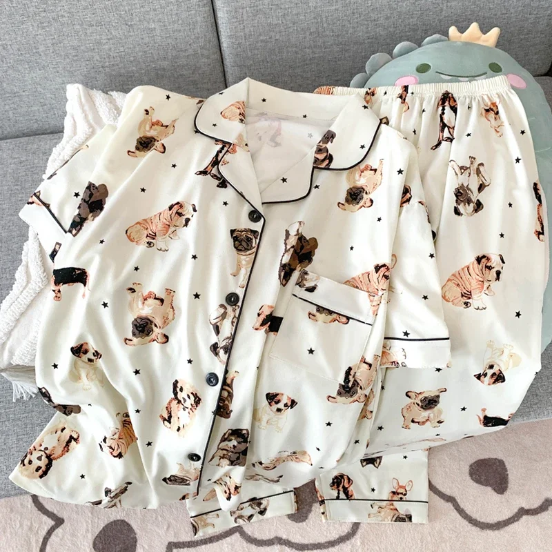 French Kawaii Cute Little Dog Print Women\'s 3pc Pajamas Y2k Cartoon Milk Silk Casual Nightgown 2024 New Autumn Chic Lazy Lounges