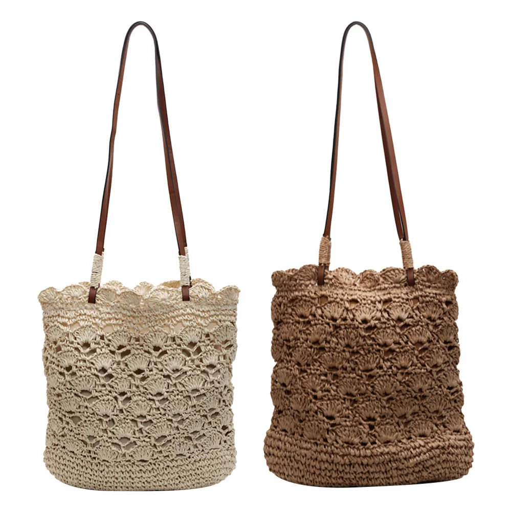 

Women Seaside Knitting Beach Bag Large Capacity Hand Woven Tote Bag Solid Color Crochet Handbag Travel Shopping Party Bag
