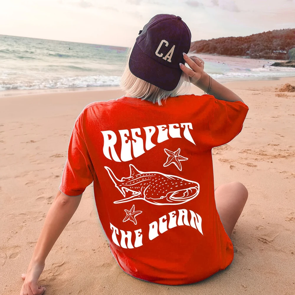 Respect The Ocean Starfish Dolphin Print T-Shirts Female Casual Soft Tops Fashion Cool Tee Clothing Street Summer Short Sleeves