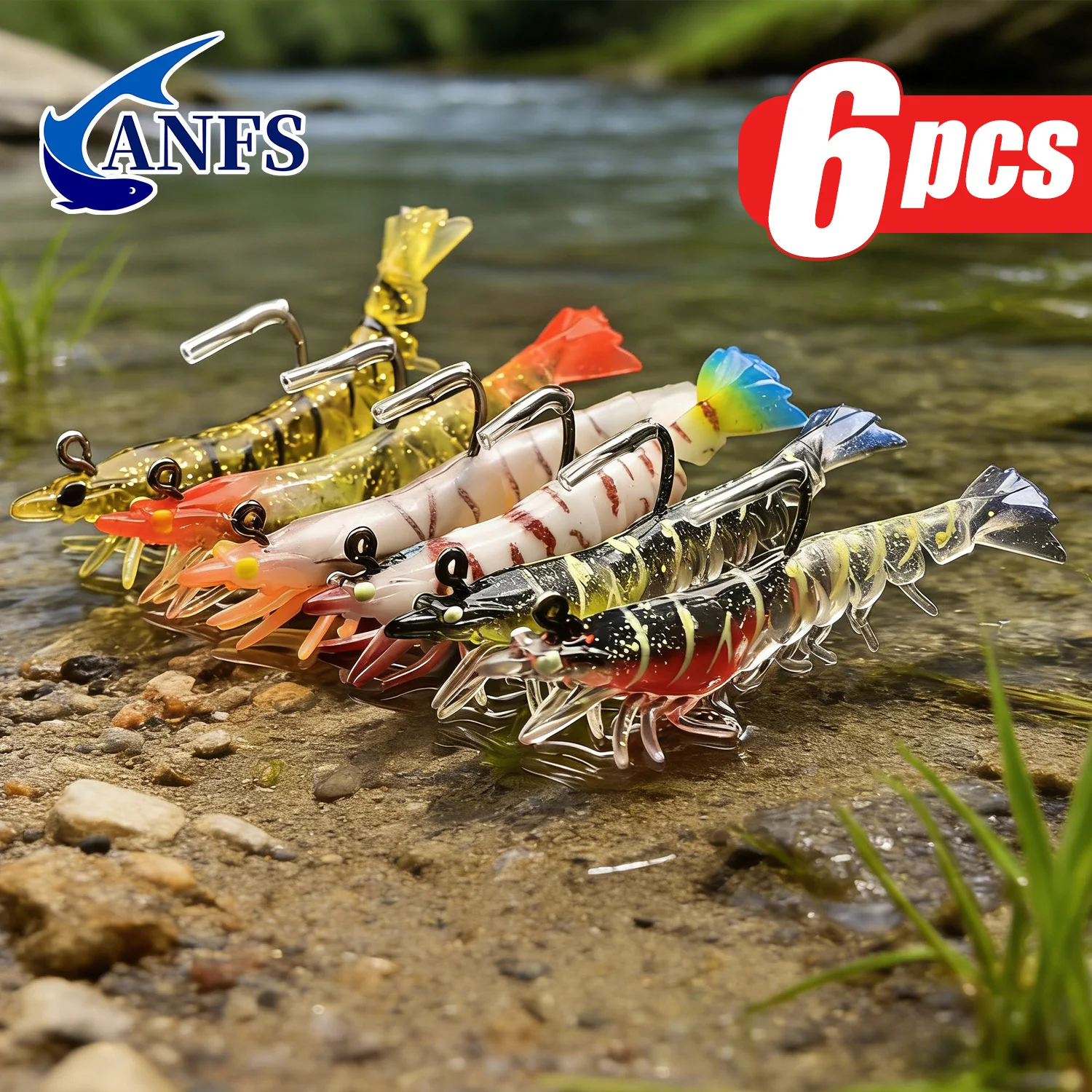 ANFS Soft Shrimp Lure Set, 6 Colors Shrimp Bait with Hooks - Fishing Tackles for Freshwater and Saltwater Bass, Trout, Catfish