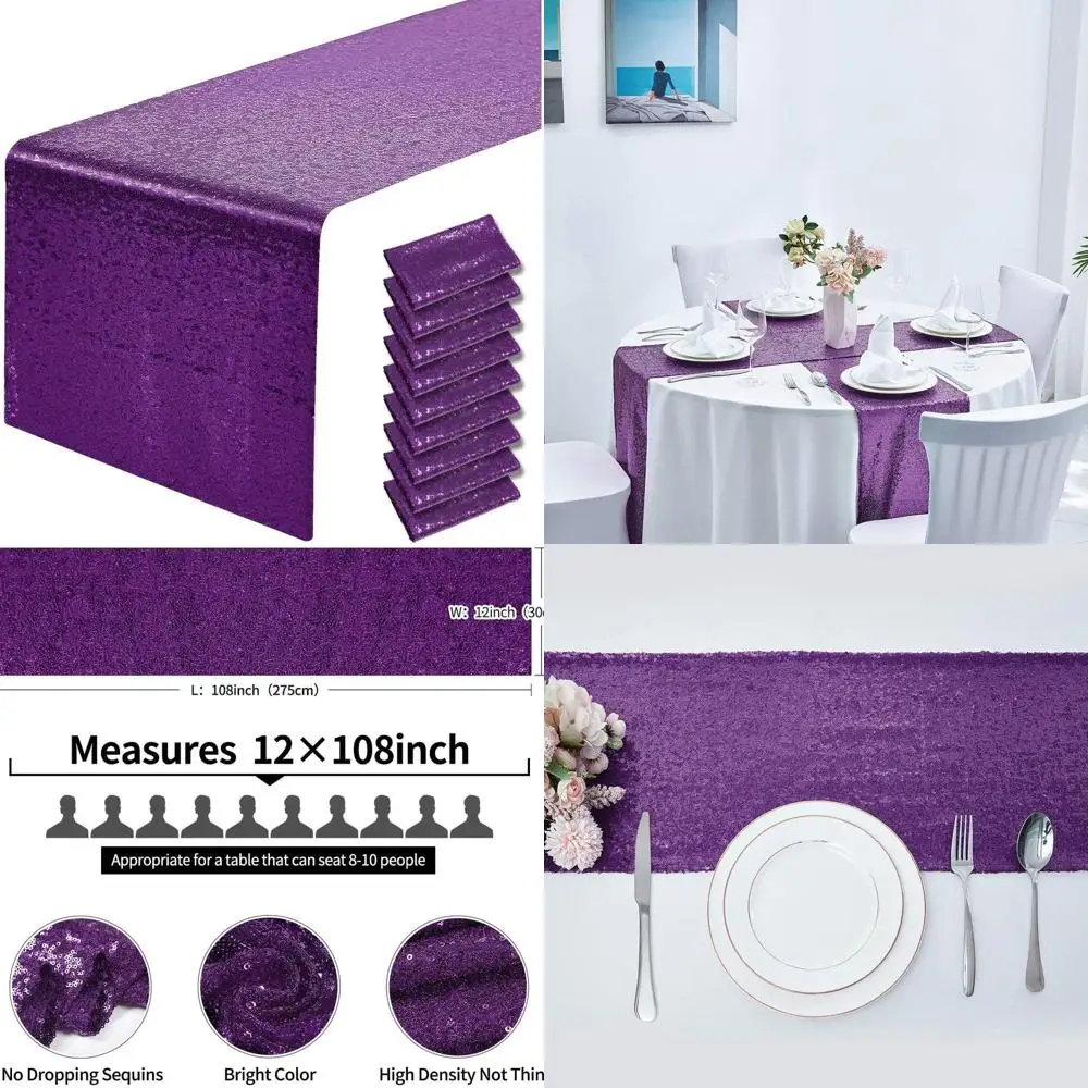 مفارش طاولة بالترتر الأرجواني، مجموعة من 10 قطع، 12 قدم × 108 بوصة، مثالية لحفلات الزفاف وأعياد الميلاد والحفلات والاستحمام