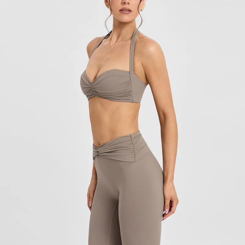 New cross-border yoga outfit set with ruched high-elasticity nude-feel sports bra two-piece set for Pilates training and fitness