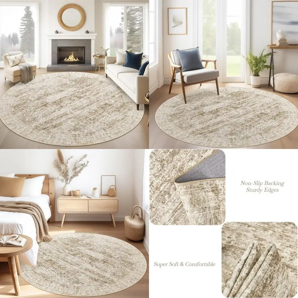 

6x6ft Vintage Brown Round Rug, Non-Slip Indoor Carpet for Living & Dining Rooms