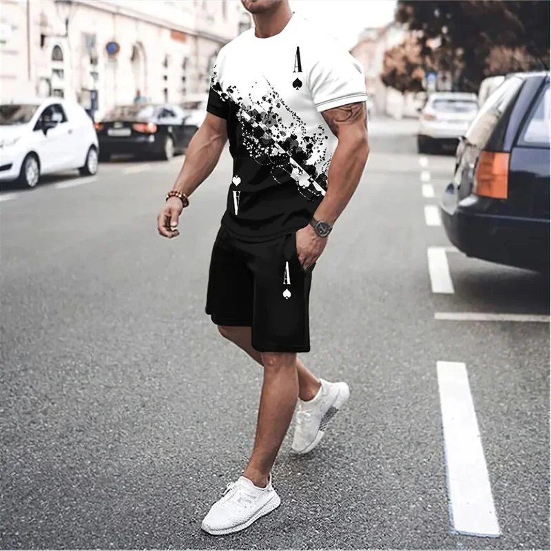 The latest 3D gradient T-shirt and shorts set men's short sleeved O-neck top casual and fashionable skateboarding sportswear set