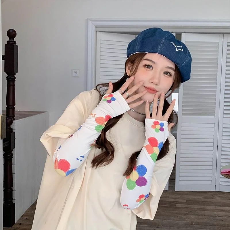 かわいい花柄-uv-保護スリーブカバー-女性用-ロング-s-プリントデザイン-ファッショナブルな日焼け止めアクセサリー-女の子用