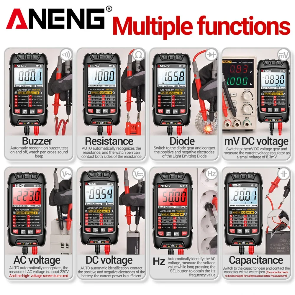 ANENG M117 Multimetr inteligentny cyfrowy 4000-liczeń AC/DC napięcie prądu Multimetro profesjonalny wielofunkcyjny tester miernik narzędzia