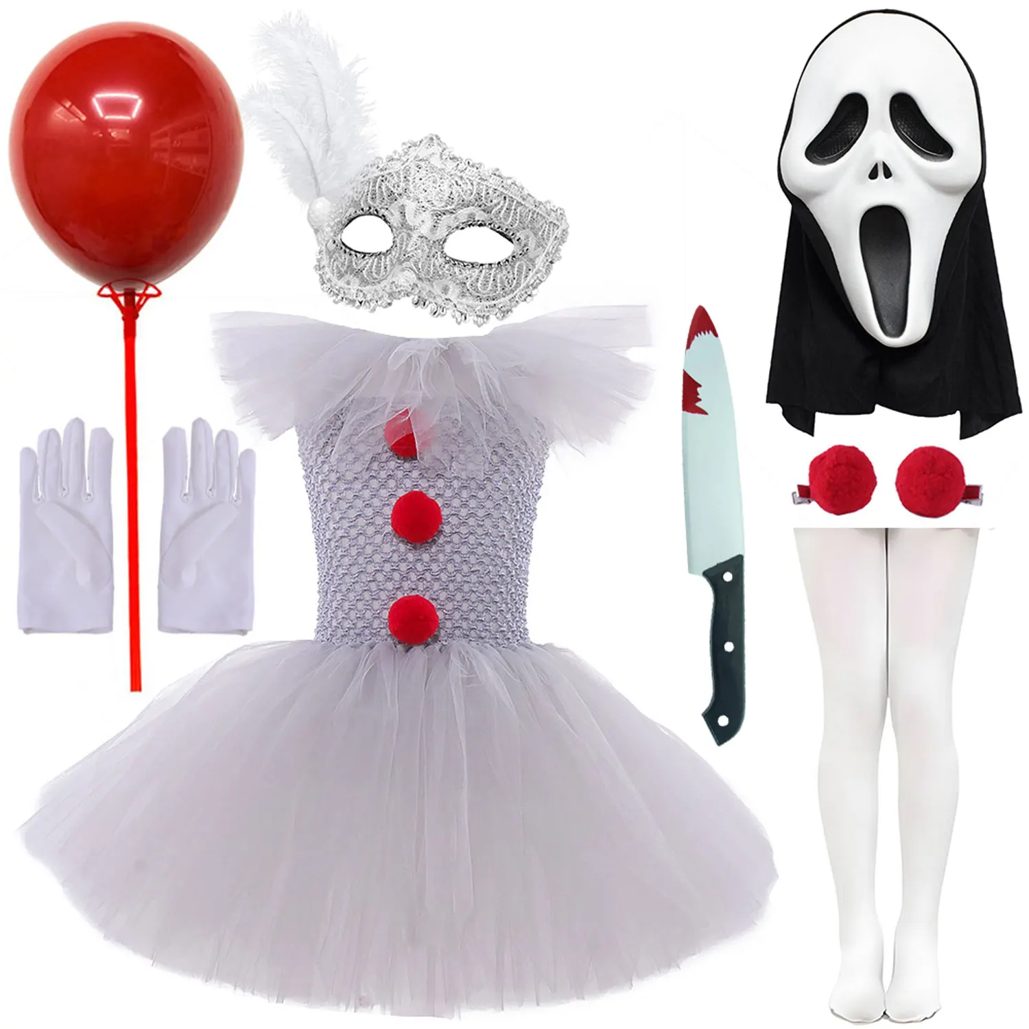 2026 Trick or Treat White Gray Scary Joker Clown Mesh Fluffy Dress Halloween Girl Cosplaying Joker Costume + Accessories Set
