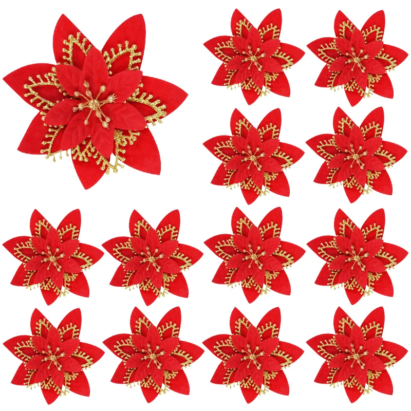 Flores artificiales de Poinsettia para decoración del hogar, adornos para árbol de Navidad, Año Nuevo, 10 piezas