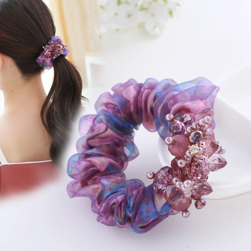Printed Organza Hair Band Silk Yarn Fabric Crystal Headdress Flower High Elastic Hair Rope Rubber Band   Girl Hair Accessoires
