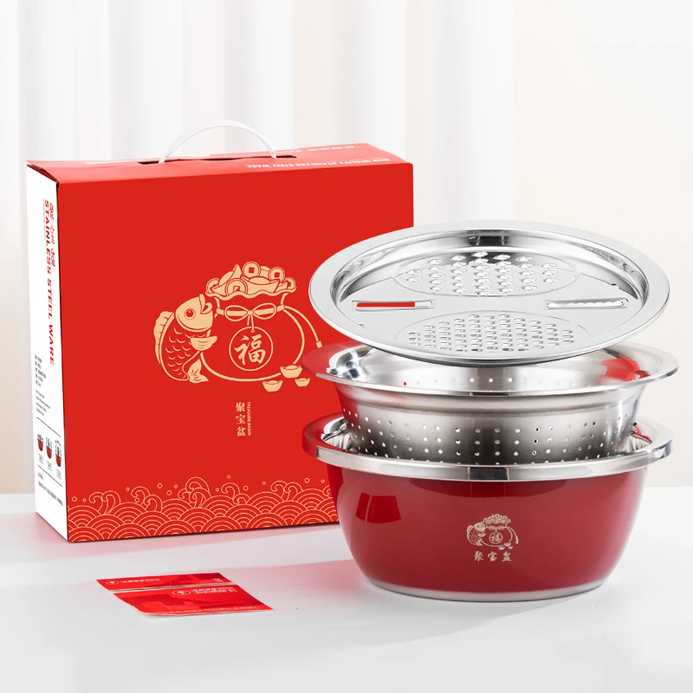 Stackable Bowls Stainless Steel Bowl Stackable Design Nesting Storage Dough Kneading Bowl Natural,Red For Home Cooking