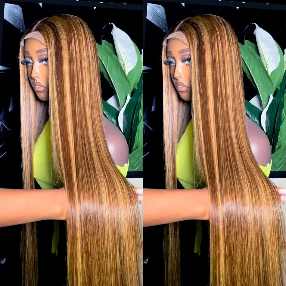 

Brown Straight 13x4 Lace Frontal Human Hair Wigs Brazilian P4/27 Highlight Colored Lace Front Wig For Women 28 30 32 34 36 Inch