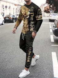 Spring And Fall Everyday Casual Long Sleeve T-shirt And Pants Men's Set Street Fashion Men's Long Sleeve T-shirt 3D Lion Print