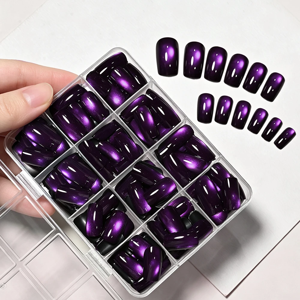 144pcs/box Glitter Purple Cat Eye Press On Nails Glossy Medium Square Cat Eye False Nails Full Cover Acrylic Cat Eye Fake Nails