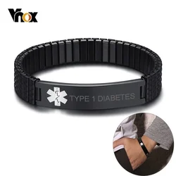 Vnox 12mm Stretch Band Bracelets for Women Black Stainless Steel Type 1/2 Diabetes Medical Alert Personalized ID Bangle
