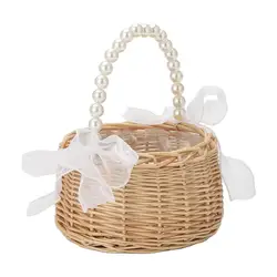 Pearl Flower Girl Basket Wedding Basket With Pearl Handle Bow Ribbon Fairy Romantic Rattan Woven Flower Basket For Wedding Card