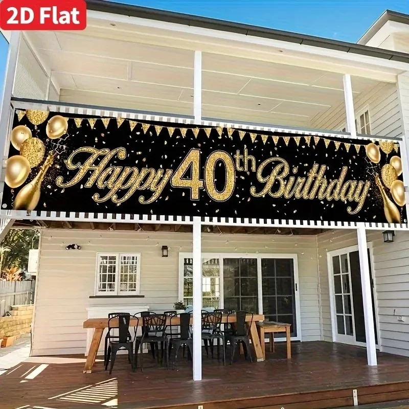 VIKAMA Banner „Happy 40th Birthday“, Meilenstein-Party-Deko für Erwachsene, elegantes Schwarz-Gold-Gartenschild, Dekoration für 40-jährige Feier