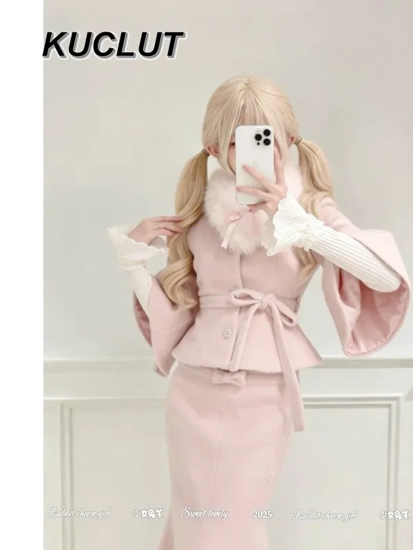 Girl Three-Piece Set for Women Autumn Winter Sweet and Cute Base Layer Pink Elegant Woolen Coat Waist-Tie Fishtail Skirt Set