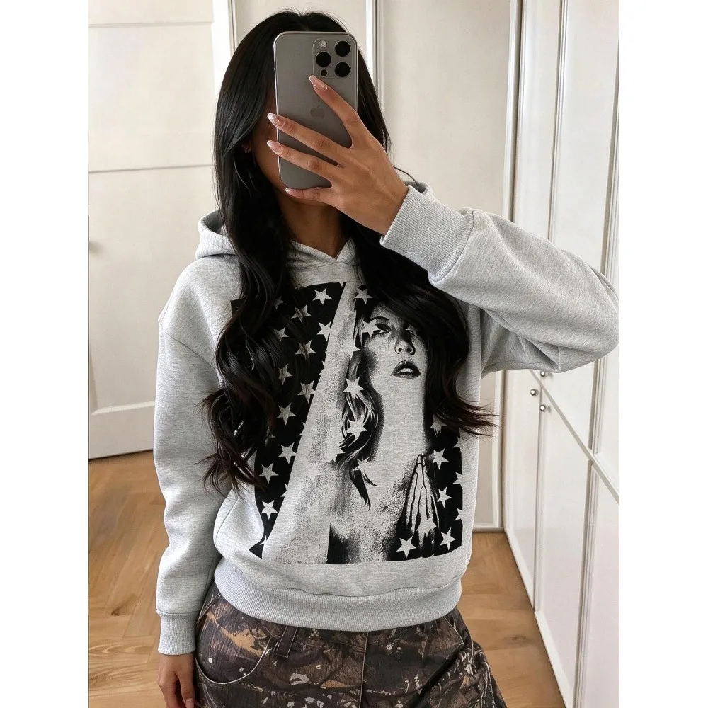 Y2K Grunge Women Heather Grey Hoodie Retro Star Lady Portrait Graphic Print Loose Oversized Hooded Sweatshirt Harajuku