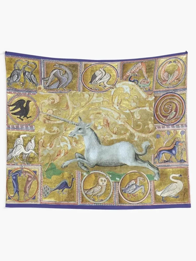 UNCORN AND MEDIEVAL BESTIARY, FANTASTIC ANIMALS IN GOLD RED BLUE COLORS Tapestry Home Decorations Funny Wallpaper Tapestry