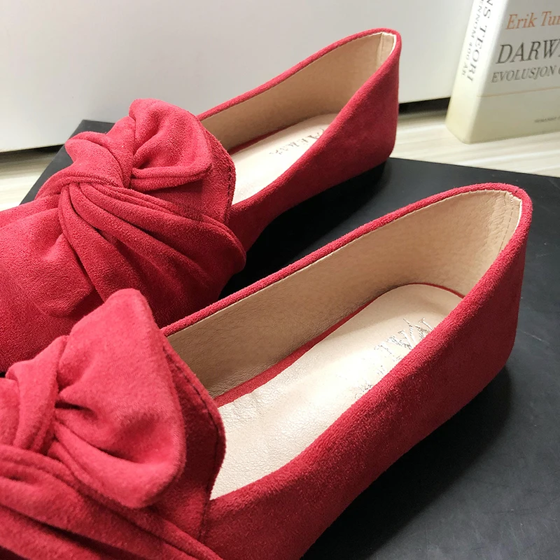 Flat Shoes for Women Suede Velvet Spring Summer Casual Shoes Women Flats Bow Flower Pointed Scoop Shoes Slip on Size 33 34 43