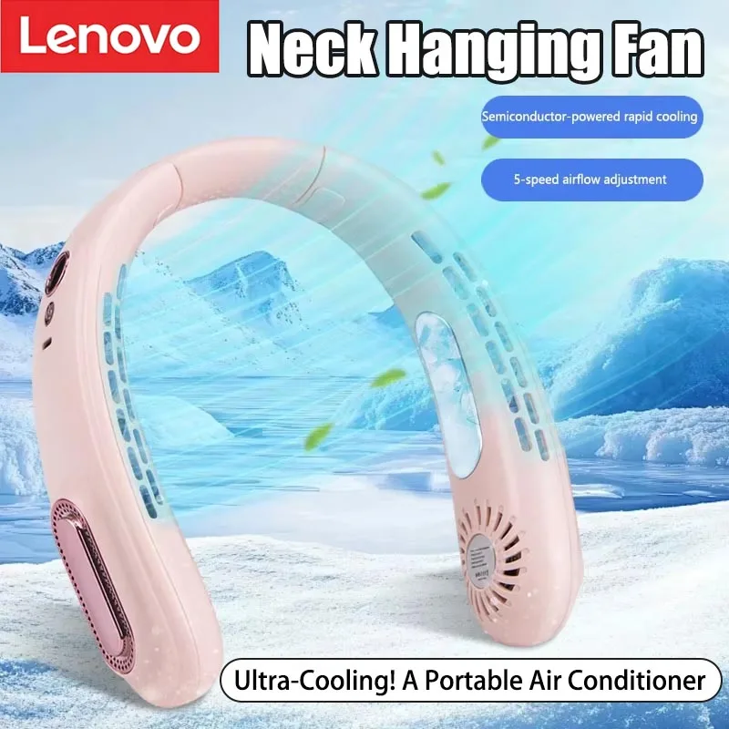 Lenovo New Bladeless Hanging Neck Fan With Cooling Chip Portable Usb Charging Small Fan Five Level Digital Display Adjustment