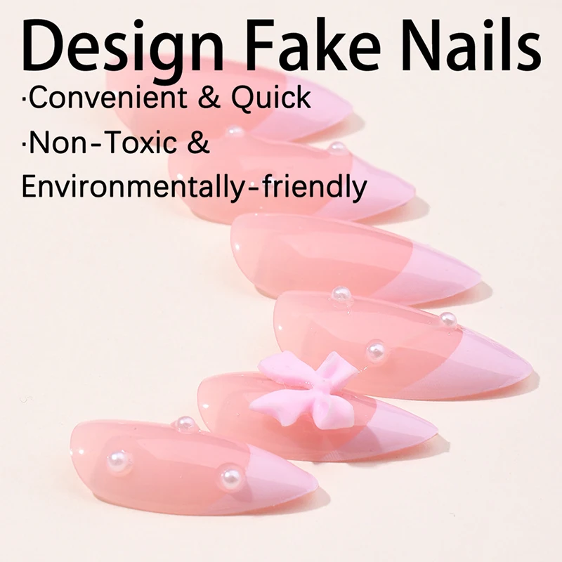 Faux ongles français en poudre pour femmes et filles, nail art, petite goutte d'eau, nœud perlé, presse sur le bord, perfecemballages, portable, N64.24 pièces