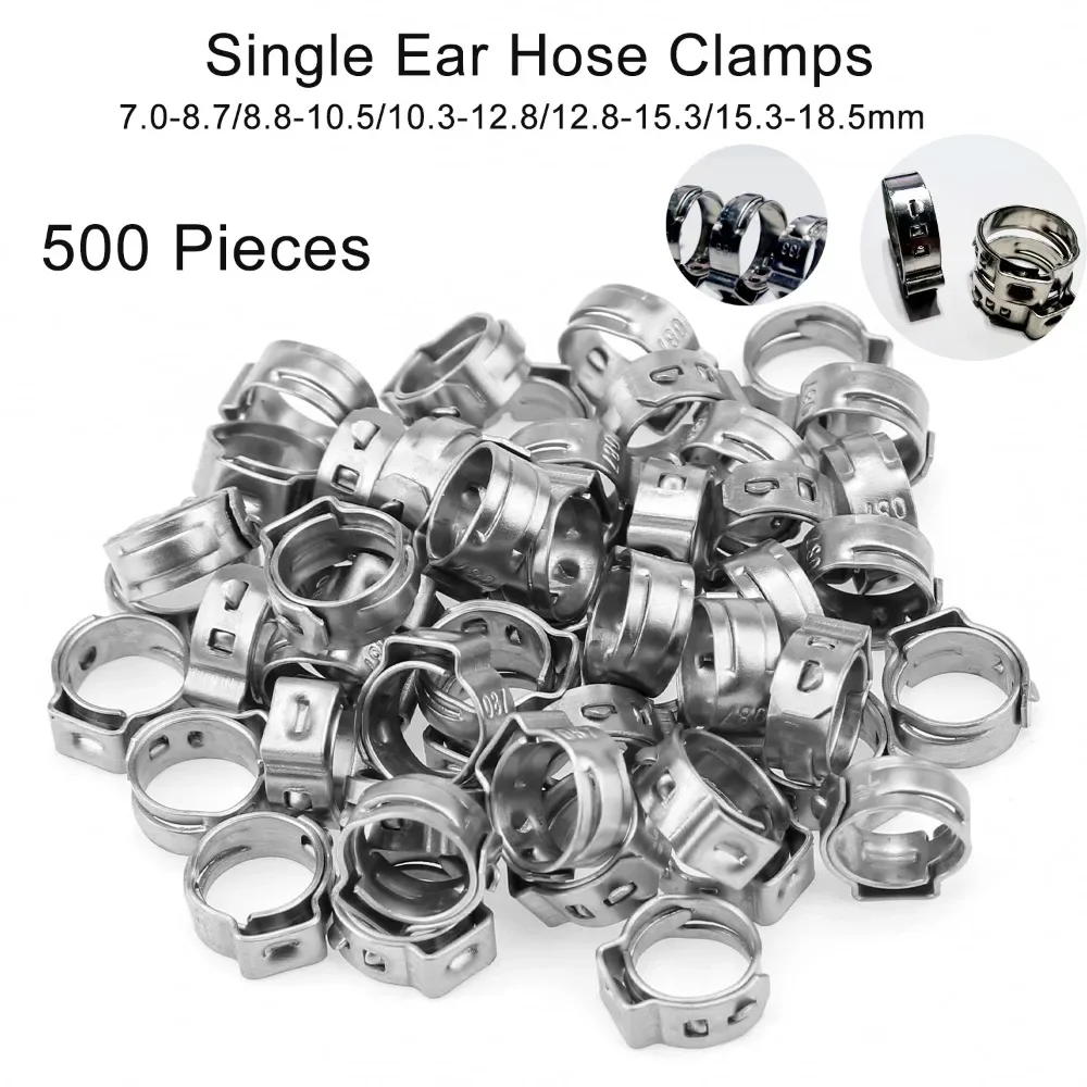 500 Pcs 7.0-8.7/8.8-10.5/10.3-12.8/12.8-15.3/15.3-18.5mm 304 Stainless Steel Single Ear Hose Clamps for Automotive Pipe Plumbing