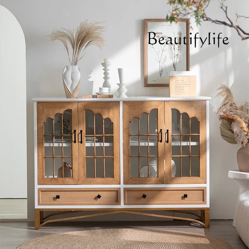 LX49Mueble lateral de comedor de madera maciza medieval francés, vitrina de entrada con puerta de cristal para sala de estar y hogar