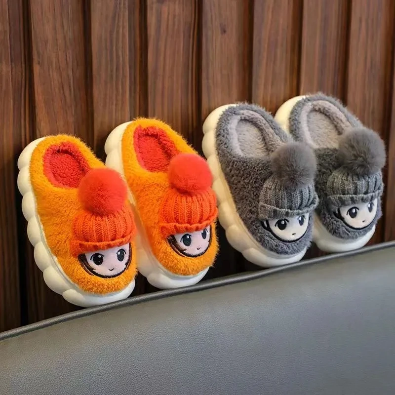 Cartoon Knitted Hat On Children Cotton Slipper Family Home Winter Indoor Casual Non-slip Soft Sole Plush Shoe Baby Girl Footwear