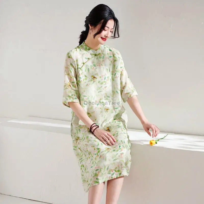 2023 spring summer cotton hemp cheongsam loose chinese style lady standing collar retro ethnic style improved ramie long dress