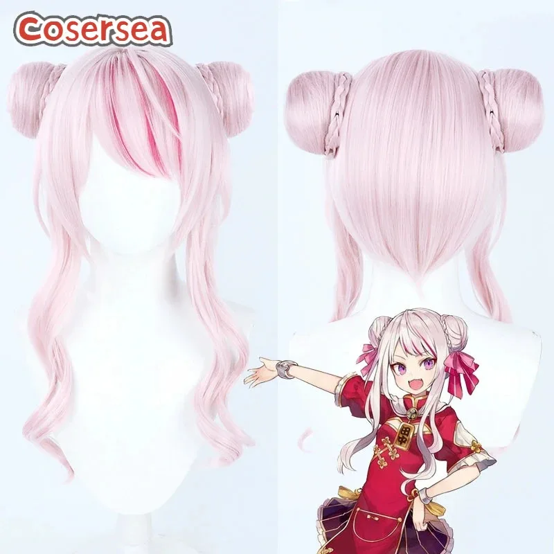 코스어시 타나카 히메 코스프레 가발 (번 포함) 버추얼 유튜버 타나카 히메 50cm 롱 웨이브 핑크 가발 합성 섬유 내열성