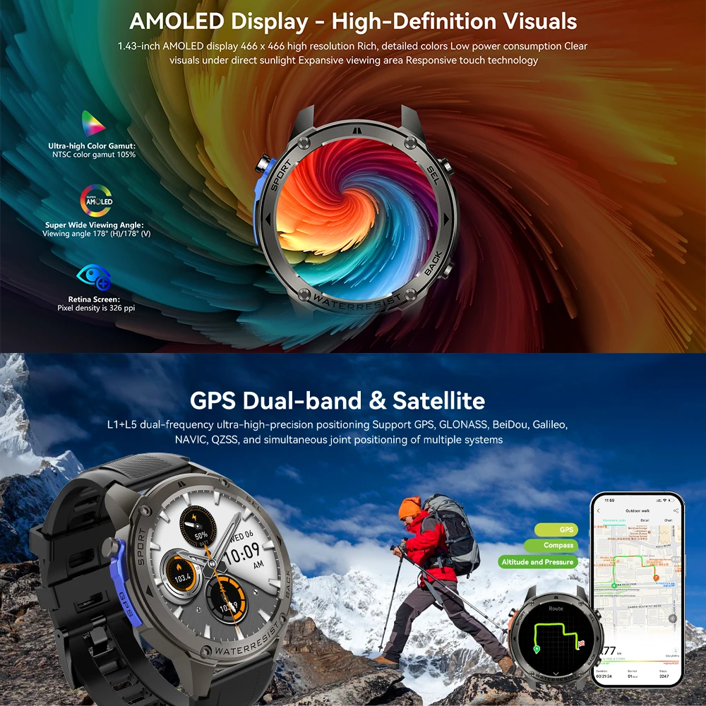 다오르코우 GPS 스마트워치 1.43인치 AMOLED 화면 음성 통화 야외 스포츠 시계 남성용 5ATM 방수 500mAh 배터리 헬스 스마트워치