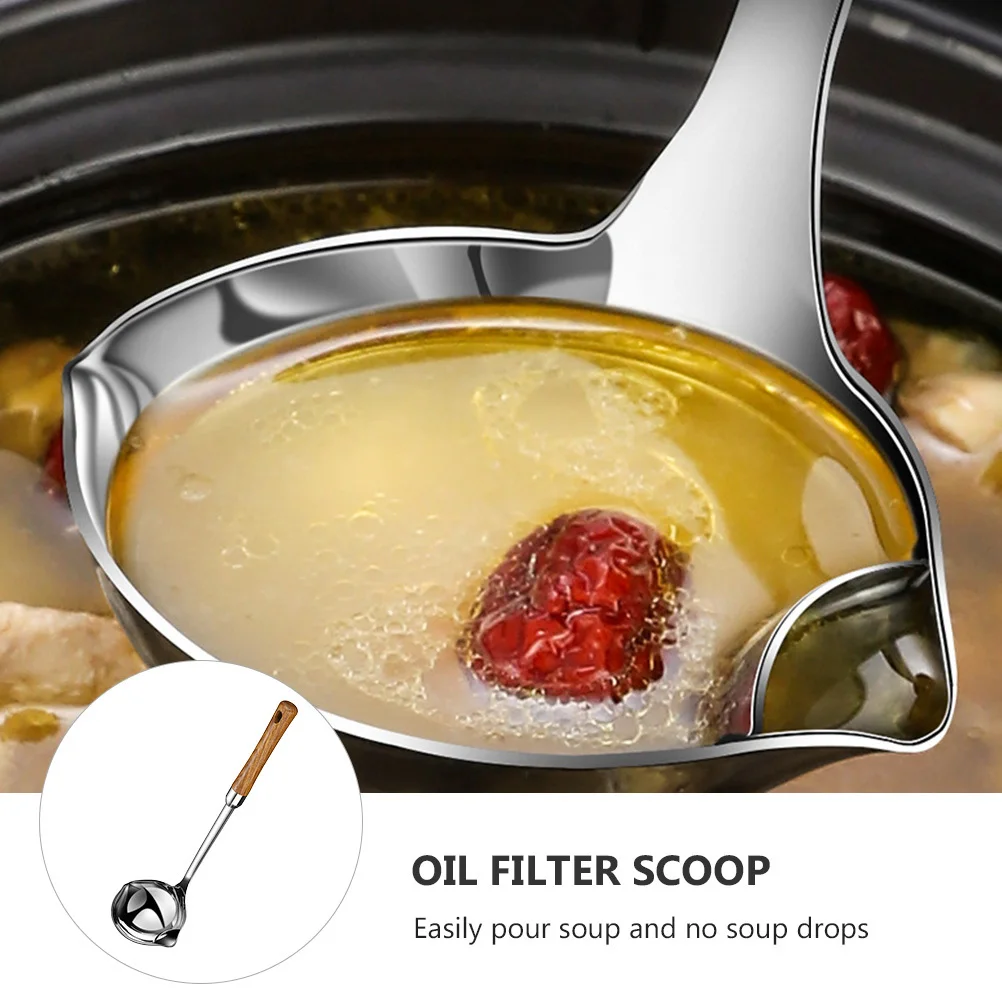 

1pc Stainless Steel Oil Separator Ladle Wooden Handle For Kitchen Cookware Soup Skimmer Cooking Oil Filter Scoop