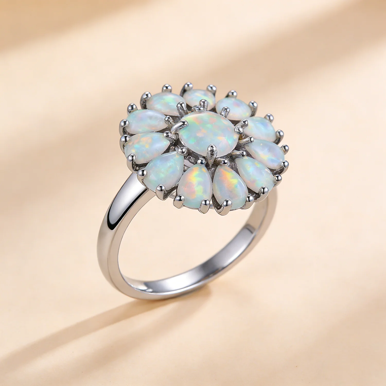 

Luxury Flower Cocktail Ring with Real Fire Opal & Pink Gems Copper-Based Elegant Trendy Fashion Jewelry for Women