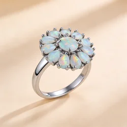 Luxury Flower Cocktail Ring with Real Fire Opal & Pink Gems Copper-Based Elegant Trendy Fashion Jewelry for Women